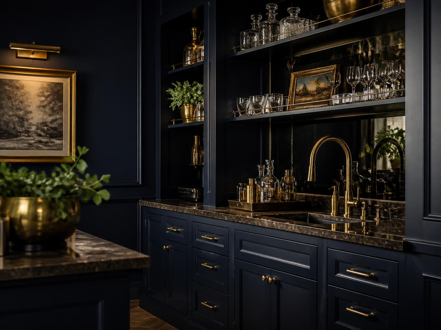 Bar area with a rich navy painted accent wall, custom millwork shelving, and brass fixtures