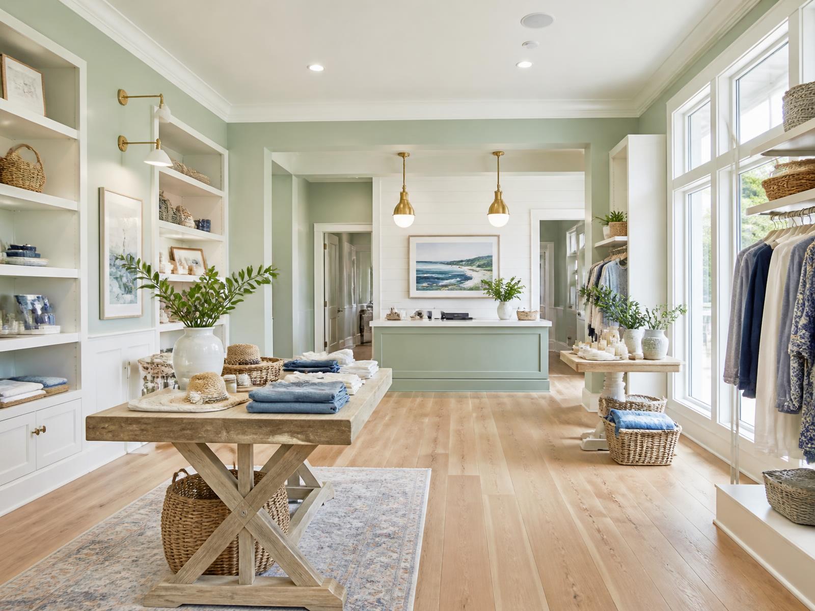 Coastal boutique interior with soft sage walls, white millwork shelving, and warm oak floors