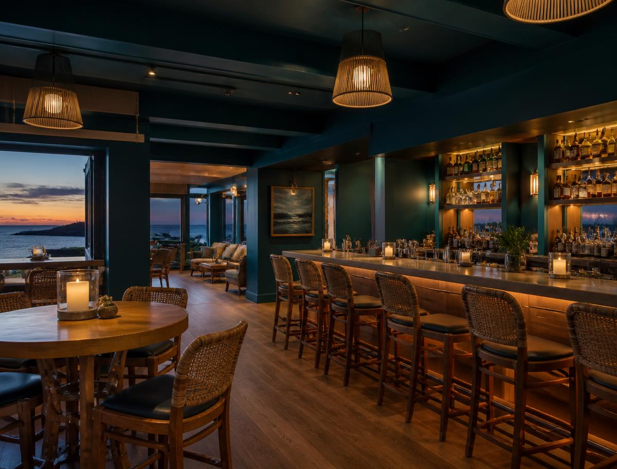 Coastal restaurant bar painted deep teal with warm wood and pendant lighting