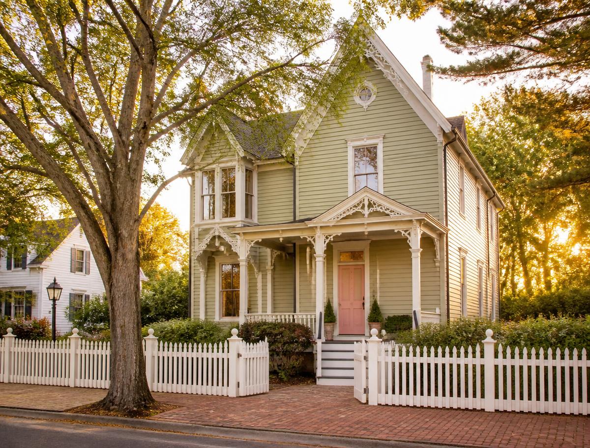Historic Victorian home painted soft sage with white trim and a blush front door