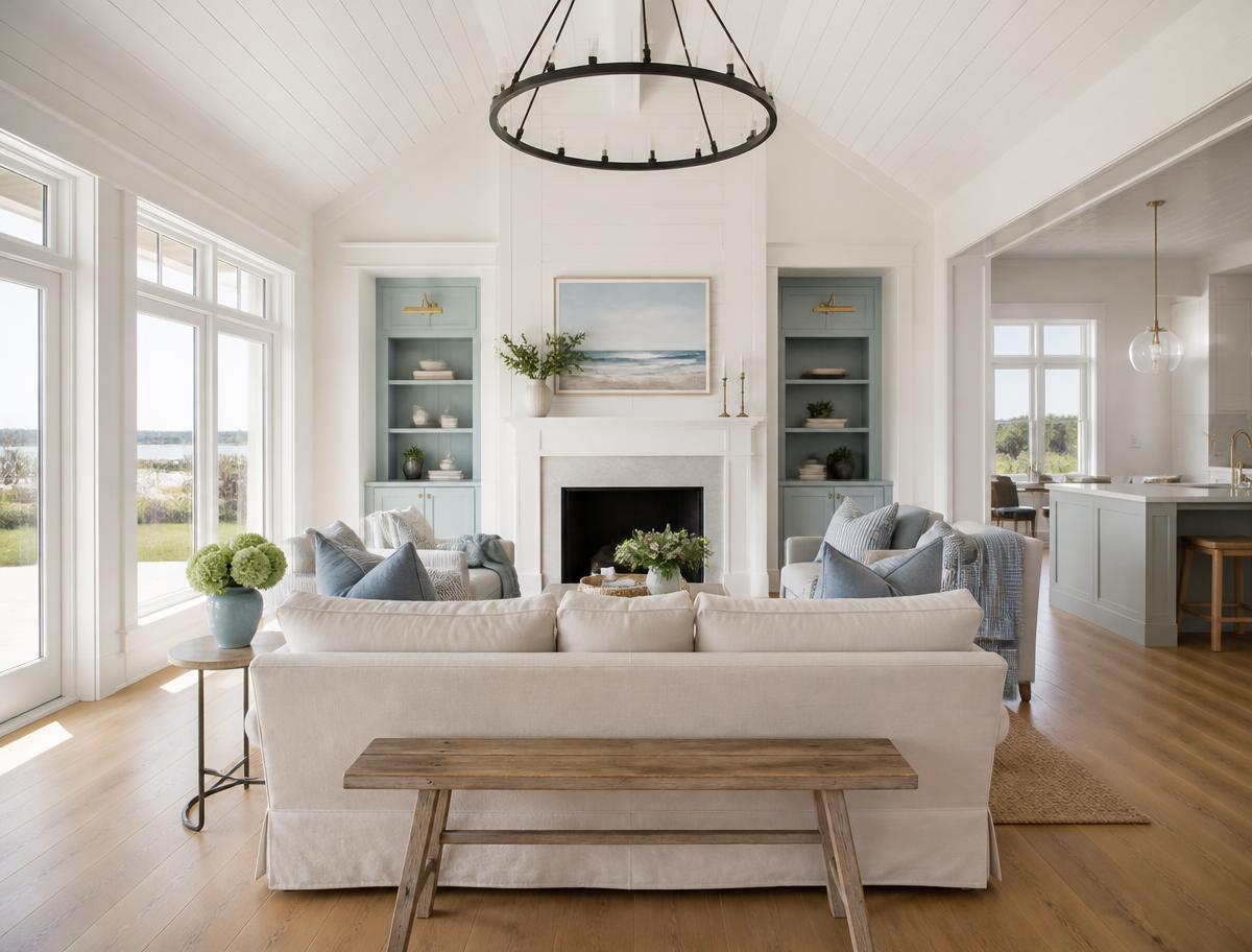 Bright coastal living room with warm white walls, soft blue built-ins, and a white shiplap ceiling